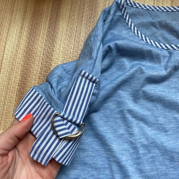 PerSeption Concept NWT Blue Stripe Stretch blouse with Buckles Blouse sz XL - Picture 2 of 6